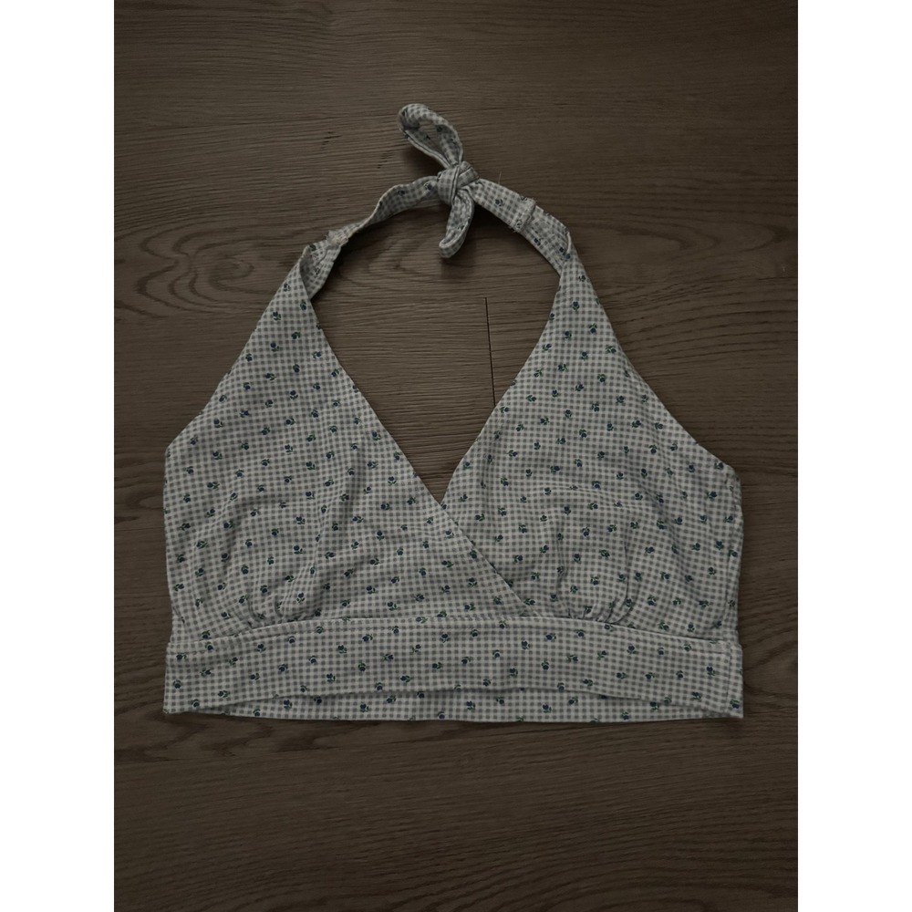 Vintage Energie Gingham Floral Halter Top Blue White Crop XL Cottagecore Y2K